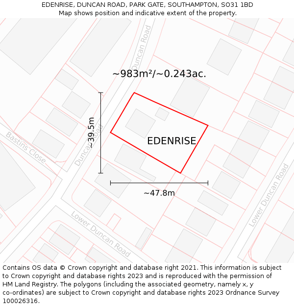 EDENRISE, DUNCAN ROAD, PARK GATE, SOUTHAMPTON, SO31 1BD: Plot and title map
