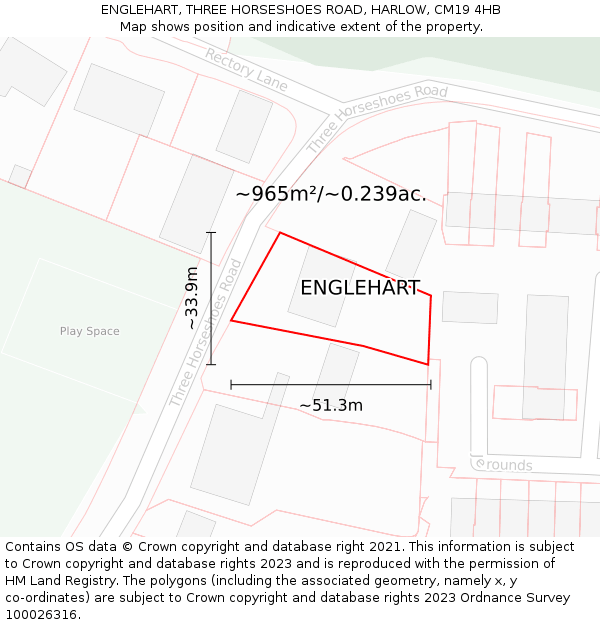 ENGLEHART, THREE HORSESHOES ROAD, HARLOW, CM19 4HB: Plot and title map