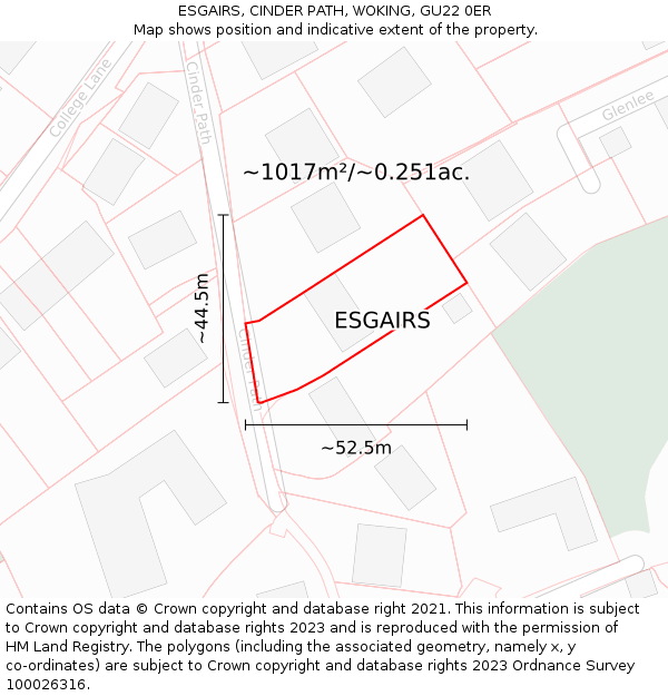 ESGAIRS, CINDER PATH, WOKING, GU22 0ER: Plot and title map