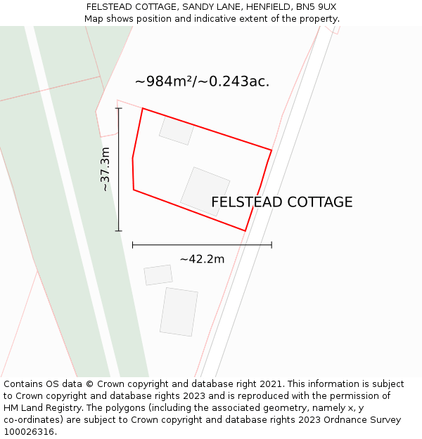 FELSTEAD COTTAGE, SANDY LANE, HENFIELD, BN5 9UX: Plot and title map