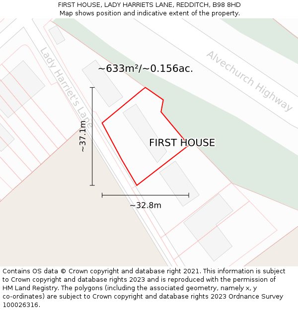 FIRST HOUSE, LADY HARRIETS LANE, REDDITCH, B98 8HD: Plot and title map