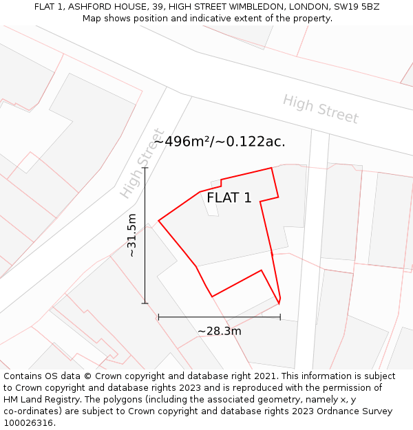 FLAT 1, ASHFORD HOUSE, 39, HIGH STREET WIMBLEDON, LONDON, SW19 5BZ: Plot and title map