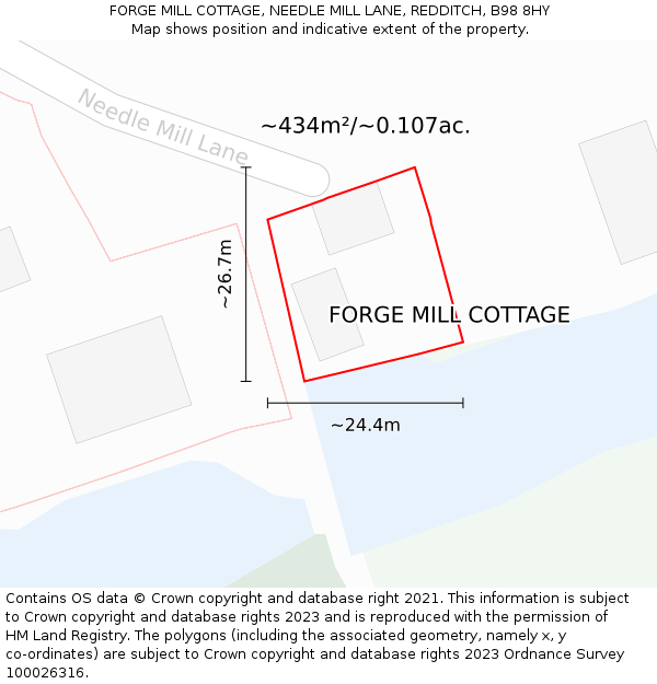 FORGE MILL COTTAGE, NEEDLE MILL LANE, REDDITCH, B98 8HY: Plot and title map