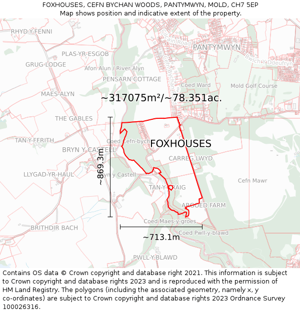 FOXHOUSES, CEFN BYCHAN WOODS, PANTYMWYN, MOLD, CH7 5EP: Plot and title map