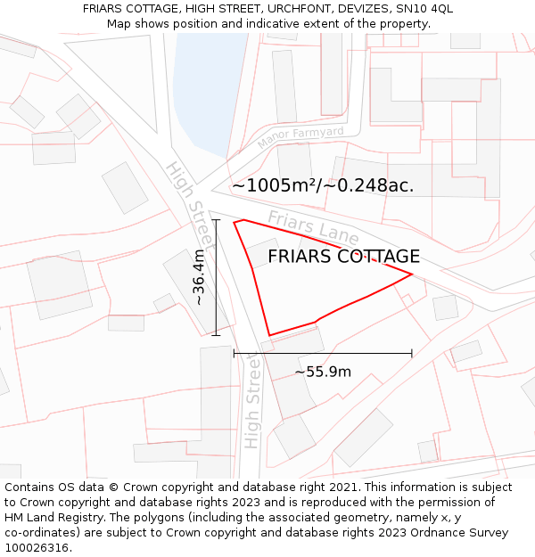 FRIARS COTTAGE, HIGH STREET, URCHFONT, DEVIZES, SN10 4QL: Plot and title map