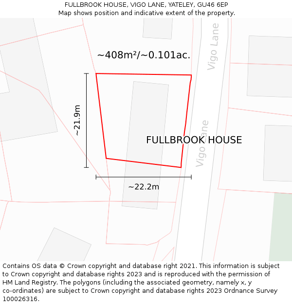 FULLBROOK HOUSE, VIGO LANE, YATELEY, GU46 6EP: Plot and title map