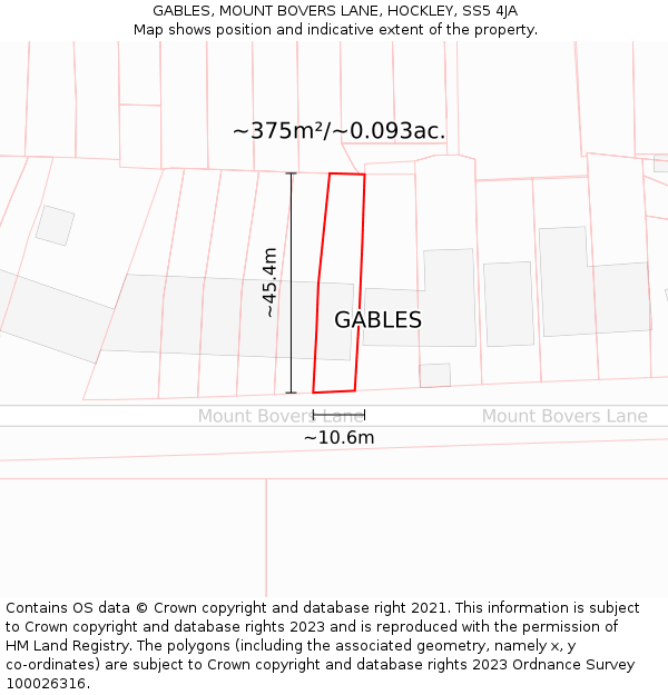 GABLES, MOUNT BOVERS LANE, HOCKLEY, SS5 4JA: Plot and title map