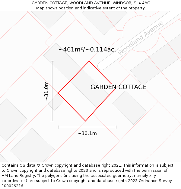 GARDEN COTTAGE, WOODLAND AVENUE, WINDSOR, SL4 4AG: Plot and title map