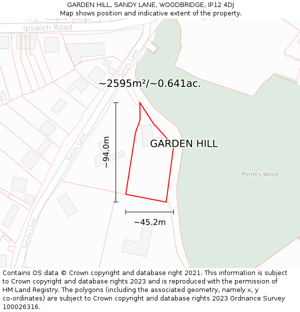 GARDEN HILL, SANDY LANE, WOODBRIDGE, IP12 4DJ: Plot and title map