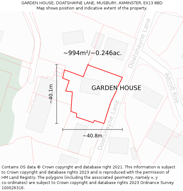 GARDEN HOUSE, DOATSHAYNE LANE, MUSBURY, AXMINSTER, EX13 8BD: Plot and title map