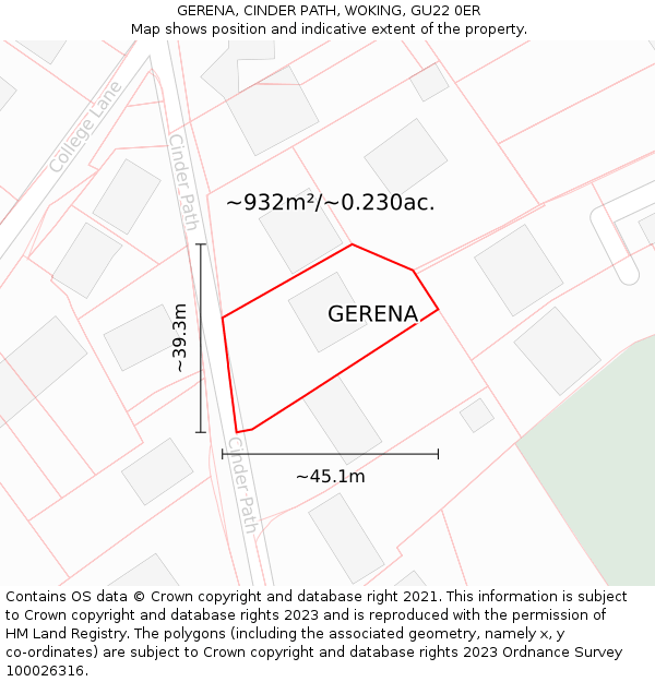 GERENA, CINDER PATH, WOKING, GU22 0ER: Plot and title map