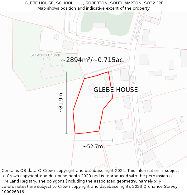 GLEBE HOUSE, SCHOOL HILL, SOBERTON, SOUTHAMPTON, SO32 3PF: Plot and title map
