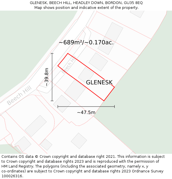 GLENESK, BEECH HILL, HEADLEY DOWN, BORDON, GU35 8EQ: Plot and title map