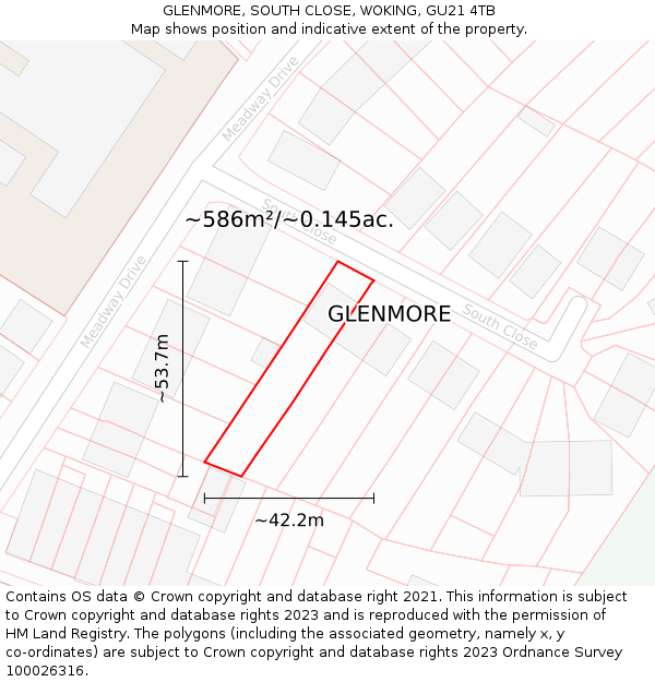 GLENMORE, SOUTH CLOSE, WOKING, GU21 4TB: Plot and title map