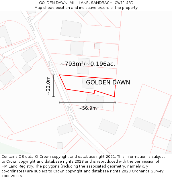 GOLDEN DAWN, MILL LANE, SANDBACH, CW11 4RD: Plot and title map