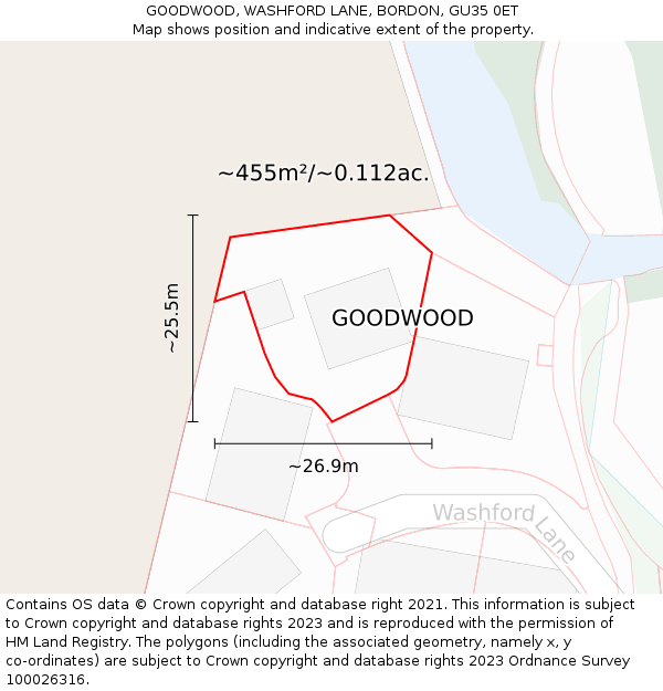 GOODWOOD, WASHFORD LANE, BORDON, GU35 0ET: Plot and title map