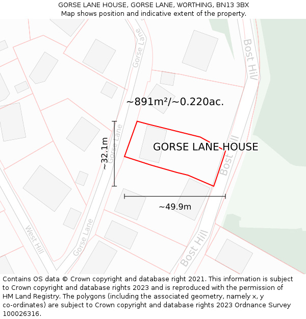GORSE LANE HOUSE, GORSE LANE, WORTHING, BN13 3BX: Plot and title map