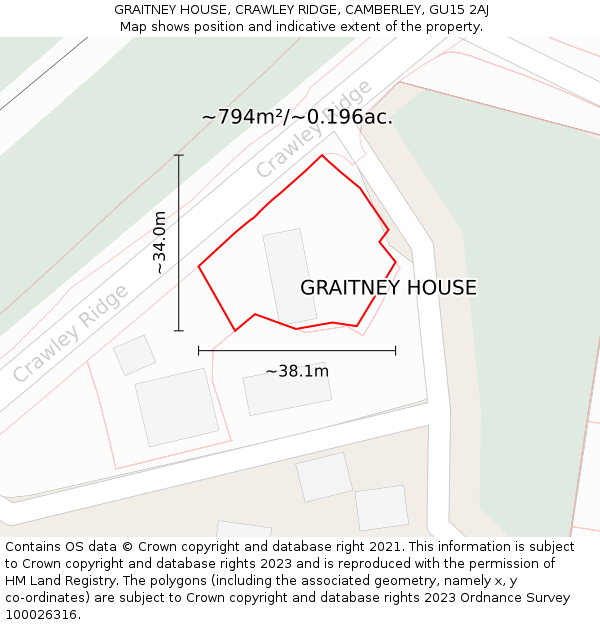 GRAITNEY HOUSE, CRAWLEY RIDGE, CAMBERLEY, GU15 2AJ: Plot and title map