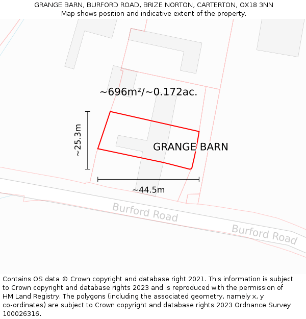 GRANGE BARN, BURFORD ROAD, BRIZE NORTON, CARTERTON, OX18 3NN: Plot and title map