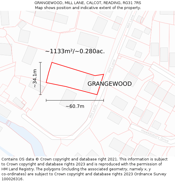 GRANGEWOOD, MILL LANE, CALCOT, READING, RG31 7RS: Plot and title map