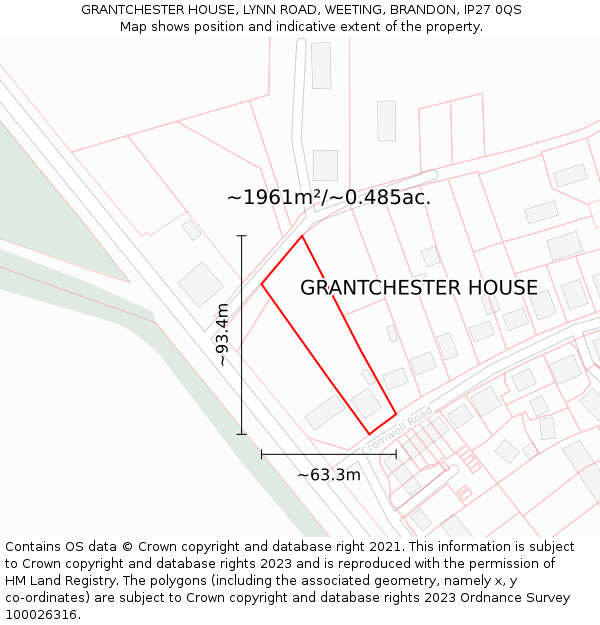 GRANTCHESTER HOUSE, LYNN ROAD, WEETING, BRANDON, IP27 0QS: Plot and title map