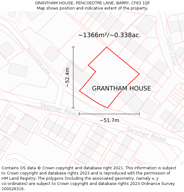 GRANTHAM HOUSE, PENCOEDTRE LANE, BARRY, CF63 1QF: Plot and title map