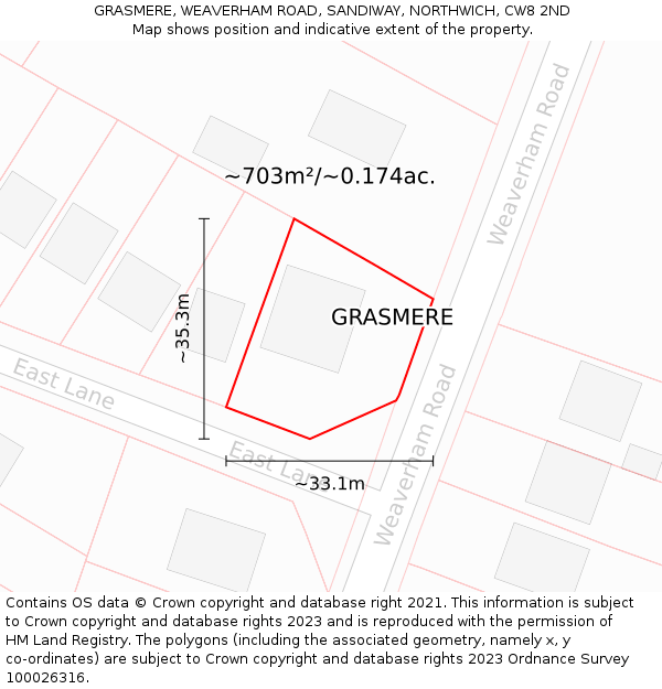 GRASMERE, WEAVERHAM ROAD, SANDIWAY, NORTHWICH, CW8 2ND: Plot and title map