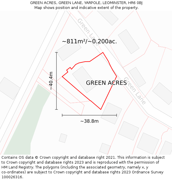 GREEN ACRES, GREEN LANE, YARPOLE, LEOMINSTER, HR6 0BJ: Plot and title map