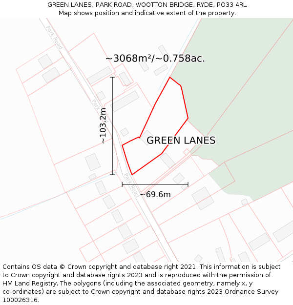 GREEN LANES, PARK ROAD, WOOTTON BRIDGE, RYDE, PO33 4RL: Plot and title map
