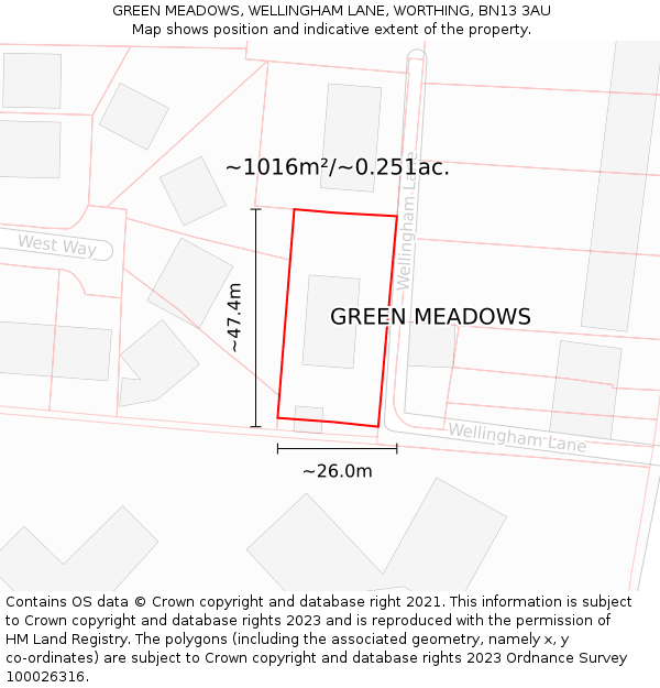 GREEN MEADOWS, WELLINGHAM LANE, WORTHING, BN13 3AU: Plot and title map