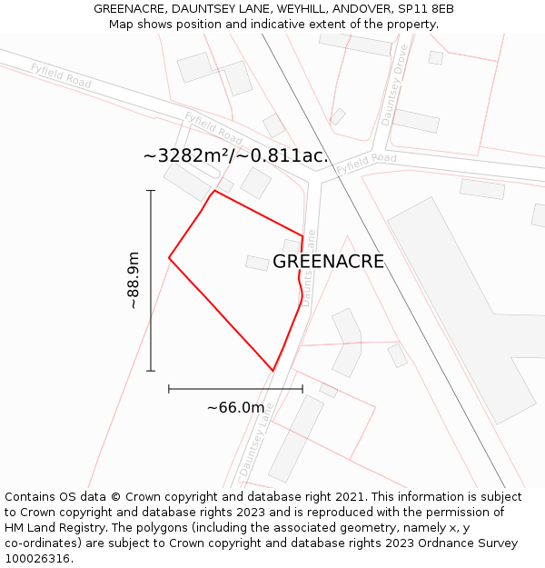 GREENACRE, DAUNTSEY LANE, WEYHILL, ANDOVER, SP11 8EB: Plot and title map