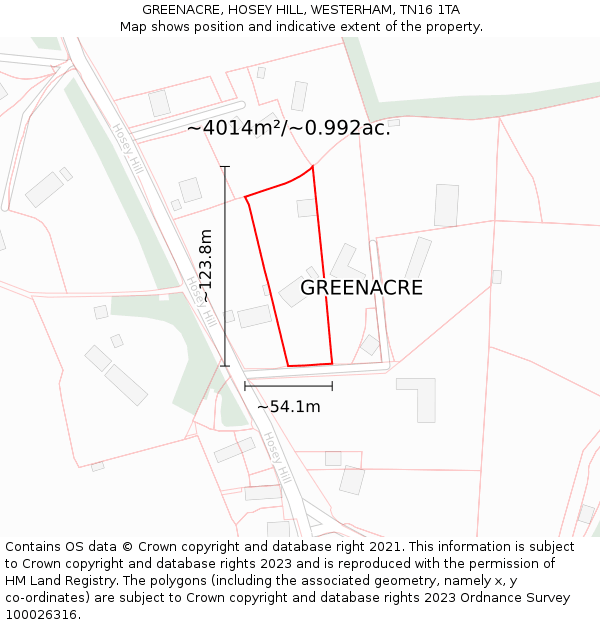 GREENACRE, HOSEY HILL, WESTERHAM, TN16 1TA: Plot and title map