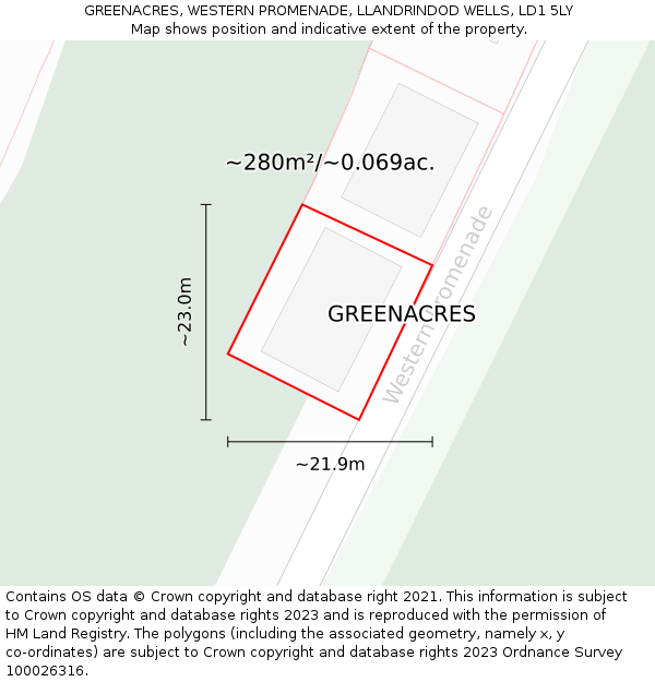 GREENACRES, WESTERN PROMENADE, LLANDRINDOD WELLS, LD1 5LY: Plot and title map