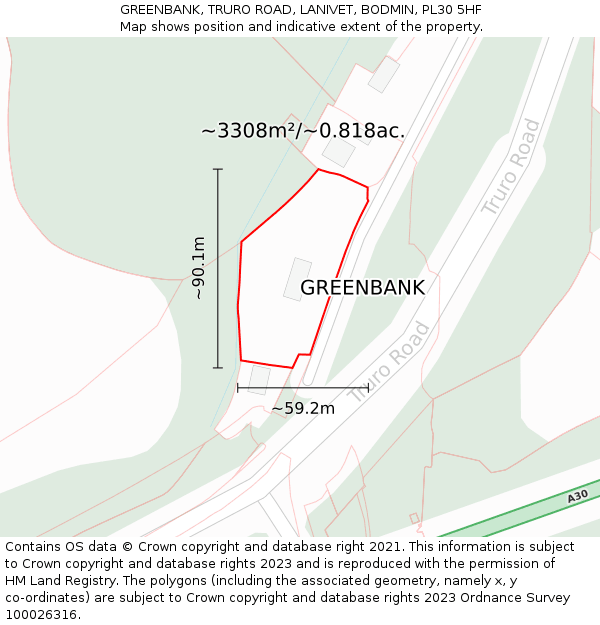 GREENBANK, TRURO ROAD, LANIVET, BODMIN, PL30 5HF: Plot and title map