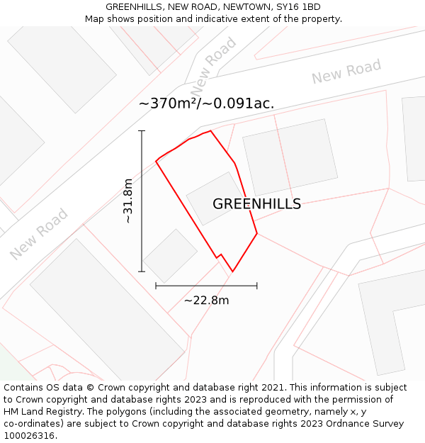 GREENHILLS, NEW ROAD, NEWTOWN, SY16 1BD: Plot and title map