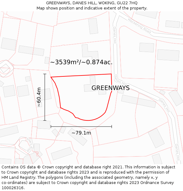 GREENWAYS, DANES HILL, WOKING, GU22 7HQ: Plot and title map