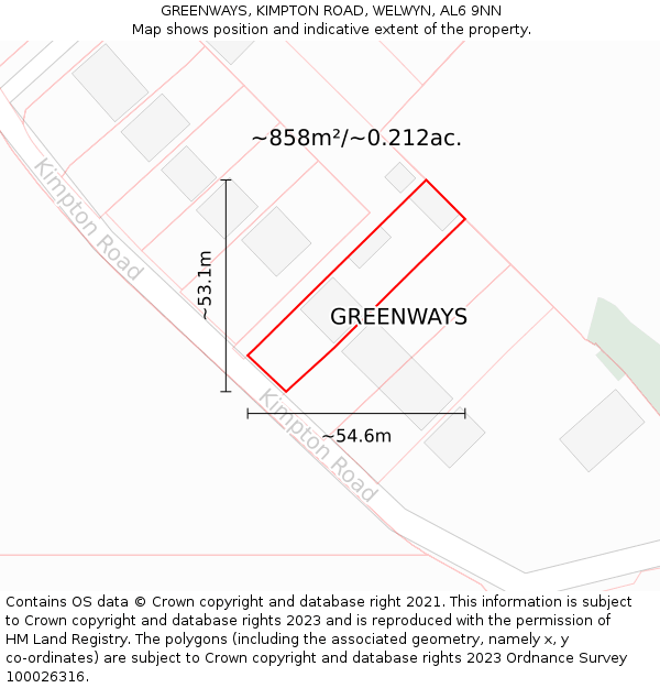 GREENWAYS, KIMPTON ROAD, WELWYN, AL6 9NN: Plot and title map