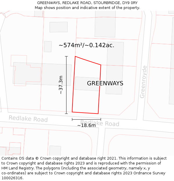 GREENWAYS, REDLAKE ROAD, STOURBRIDGE, DY9 0RY: Plot and title map