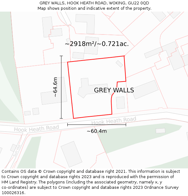 GREY WALLS, HOOK HEATH ROAD, WOKING, GU22 0QD: Plot and title map