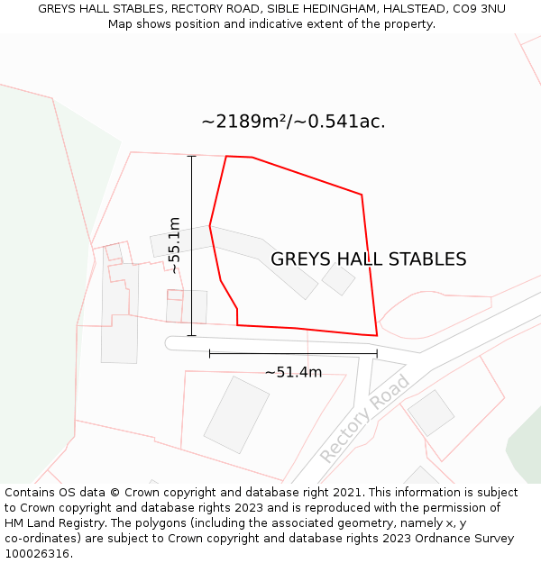 GREYS HALL STABLES, RECTORY ROAD, SIBLE HEDINGHAM, HALSTEAD, CO9 3NU: Plot and title map
