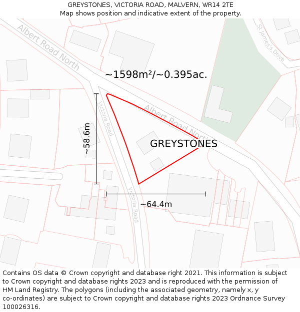 GREYSTONES, VICTORIA ROAD, MALVERN, WR14 2TE: Plot and title map