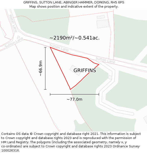 GRIFFINS, SUTTON LANE, ABINGER HAMMER, DORKING, RH5 6PS: Plot and title map