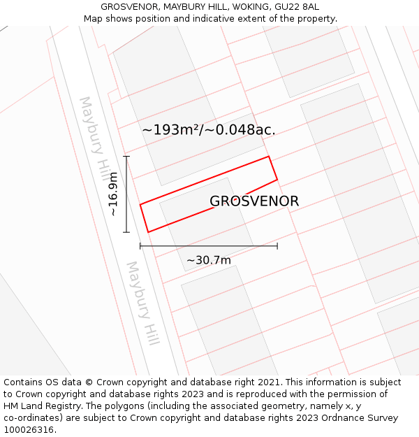 GROSVENOR, MAYBURY HILL, WOKING, GU22 8AL: Plot and title map