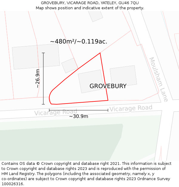 GROVEBURY, VICARAGE ROAD, YATELEY, GU46 7QU: Plot and title map