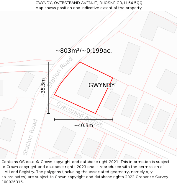 GWYNDY, OVERSTRAND AVENUE, RHOSNEIGR, LL64 5QQ: Plot and title map