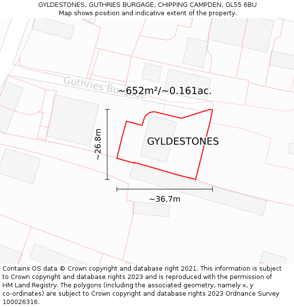 GYLDESTONES, GUTHRIES BURGAGE, CHIPPING CAMPDEN, GL55 6BU: Plot and title map