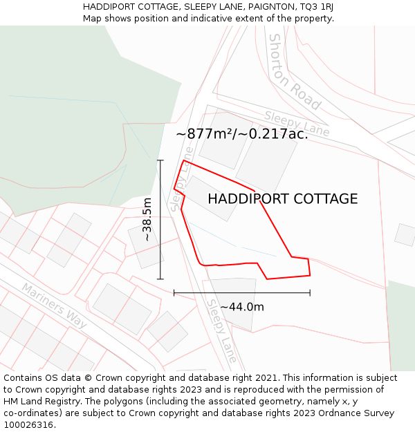 HADDIPORT COTTAGE, SLEEPY LANE, PAIGNTON, TQ3 1RJ: Plot and title map