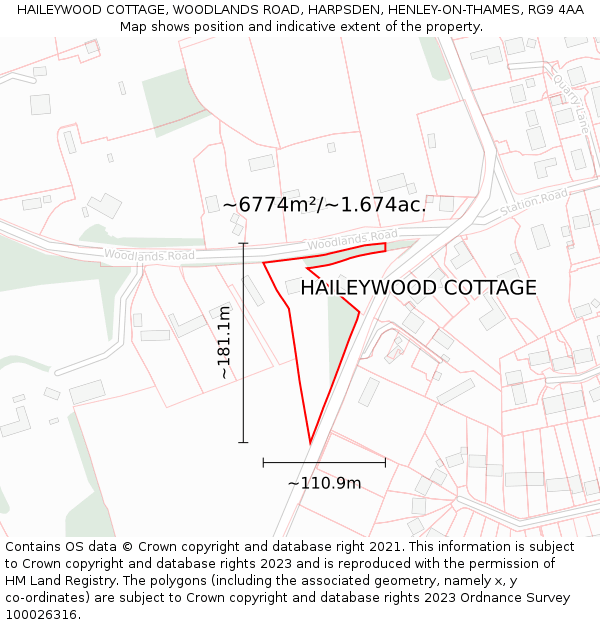 HAILEYWOOD COTTAGE, WOODLANDS ROAD, HARPSDEN, HENLEY-ON-THAMES, RG9 4AA: Plot and title map