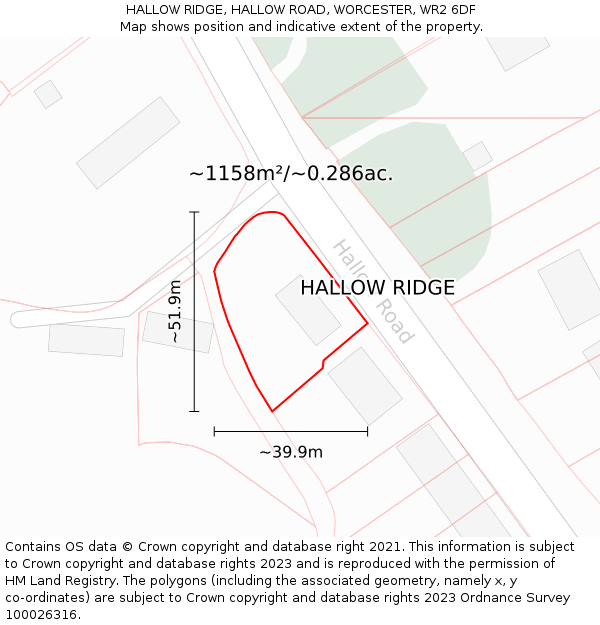 HALLOW RIDGE, HALLOW ROAD, WORCESTER, WR2 6DF: Plot and title map