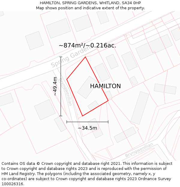 HAMILTON, SPRING GARDENS, WHITLAND, SA34 0HP: Plot and title map